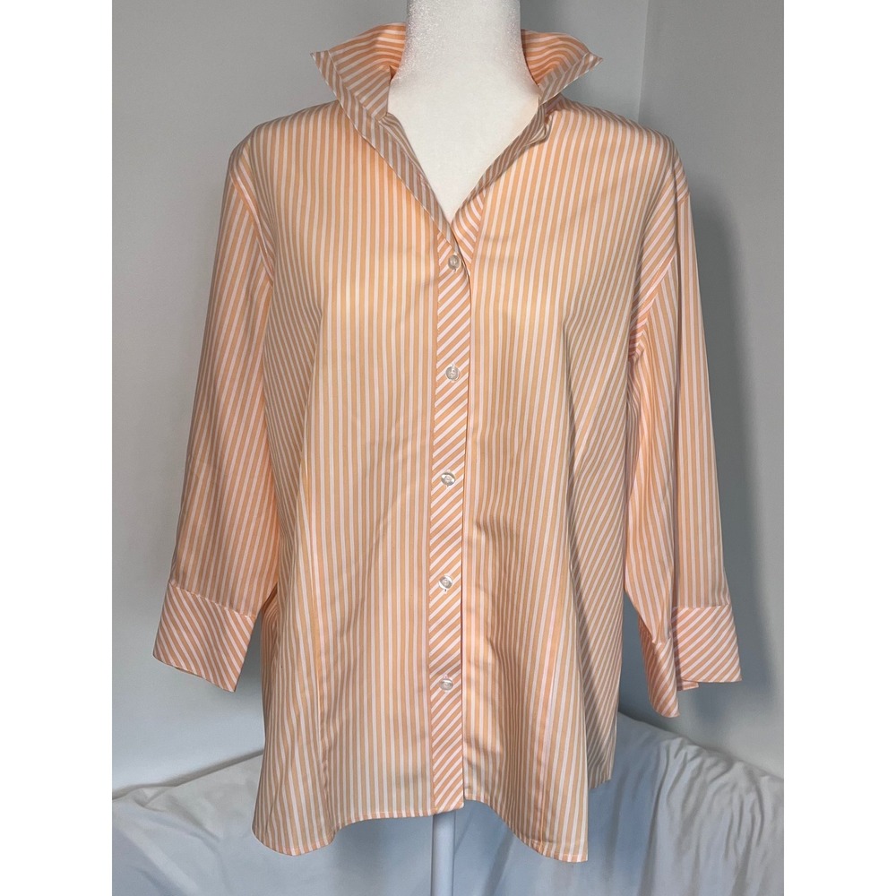 Chico's No-Iron Button Down Shirt Women Size 3 (XL) Peach White Stripe Preppy